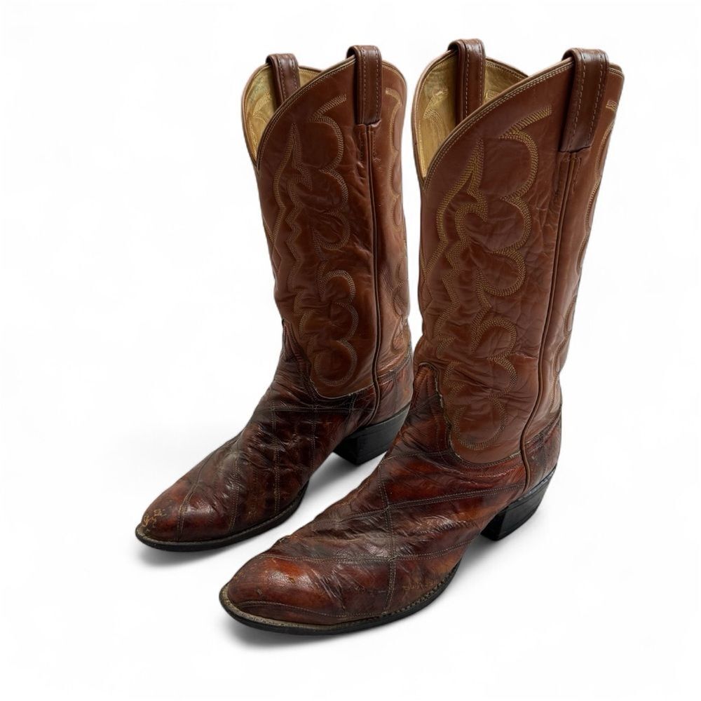 Vintage Tony Lama Eel Patchwork Cowboy Boots Brown Leather Western Size 11.5 D